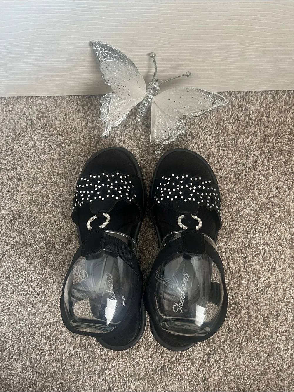 Skechers Black Wedge Sandals with Rhinestone Accents